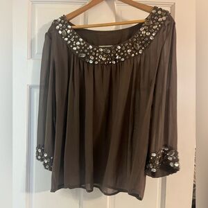Joolay, Women’s, Size L, Brown Mesh Rhinestoned Blouse